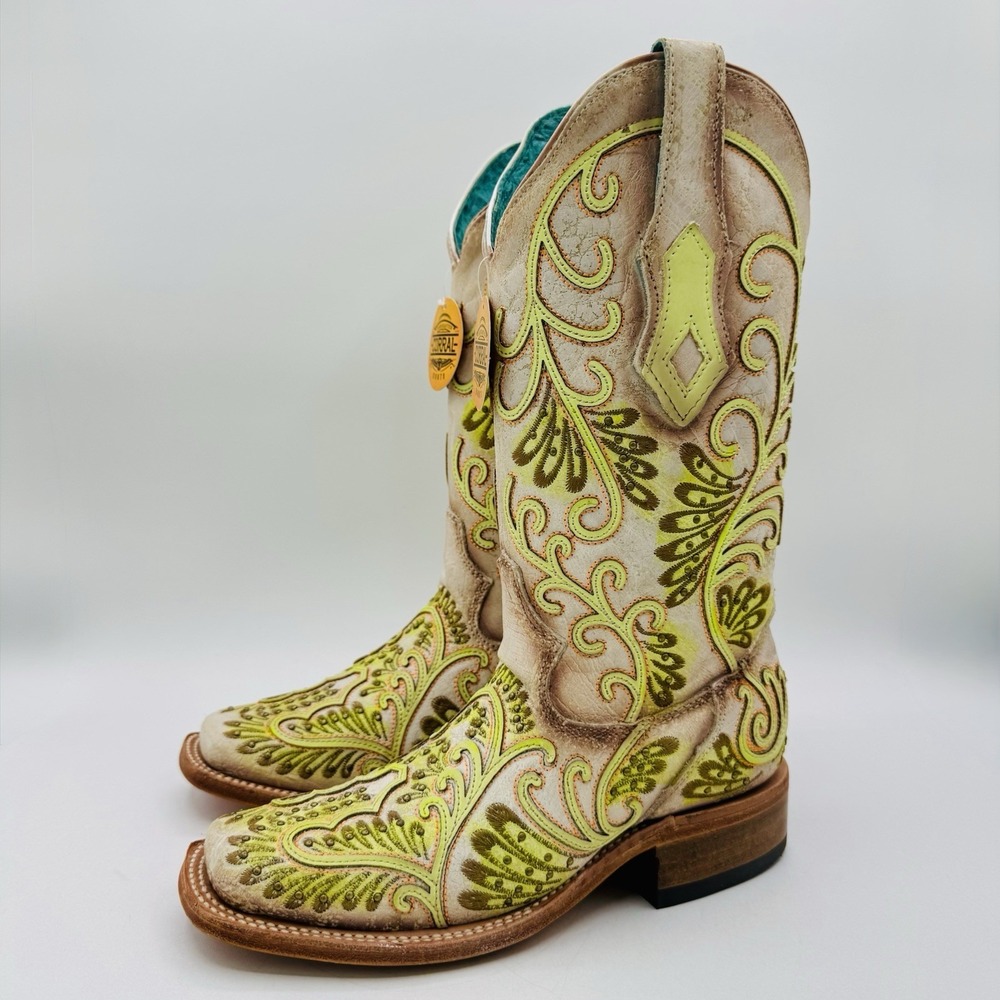 Corral Studded Boots Women's Size 6 M White Floral Green Leather Square Toe